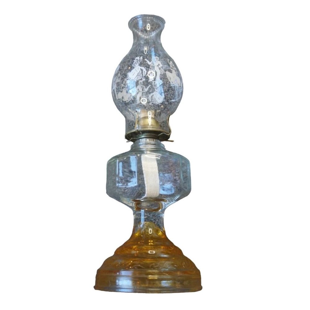 Antique Hurricane Lamp Glass Kerosene Oil Eagle Acid Etched Dancing Couple Amber